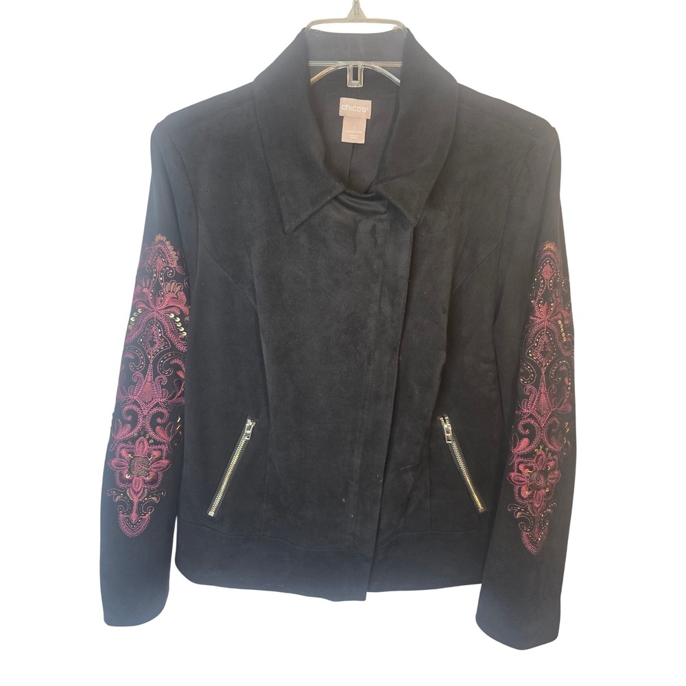 Chicos Faux Suede Moto Jacket Black Burgundy Embroidered Sequin Size 1 M 8 10